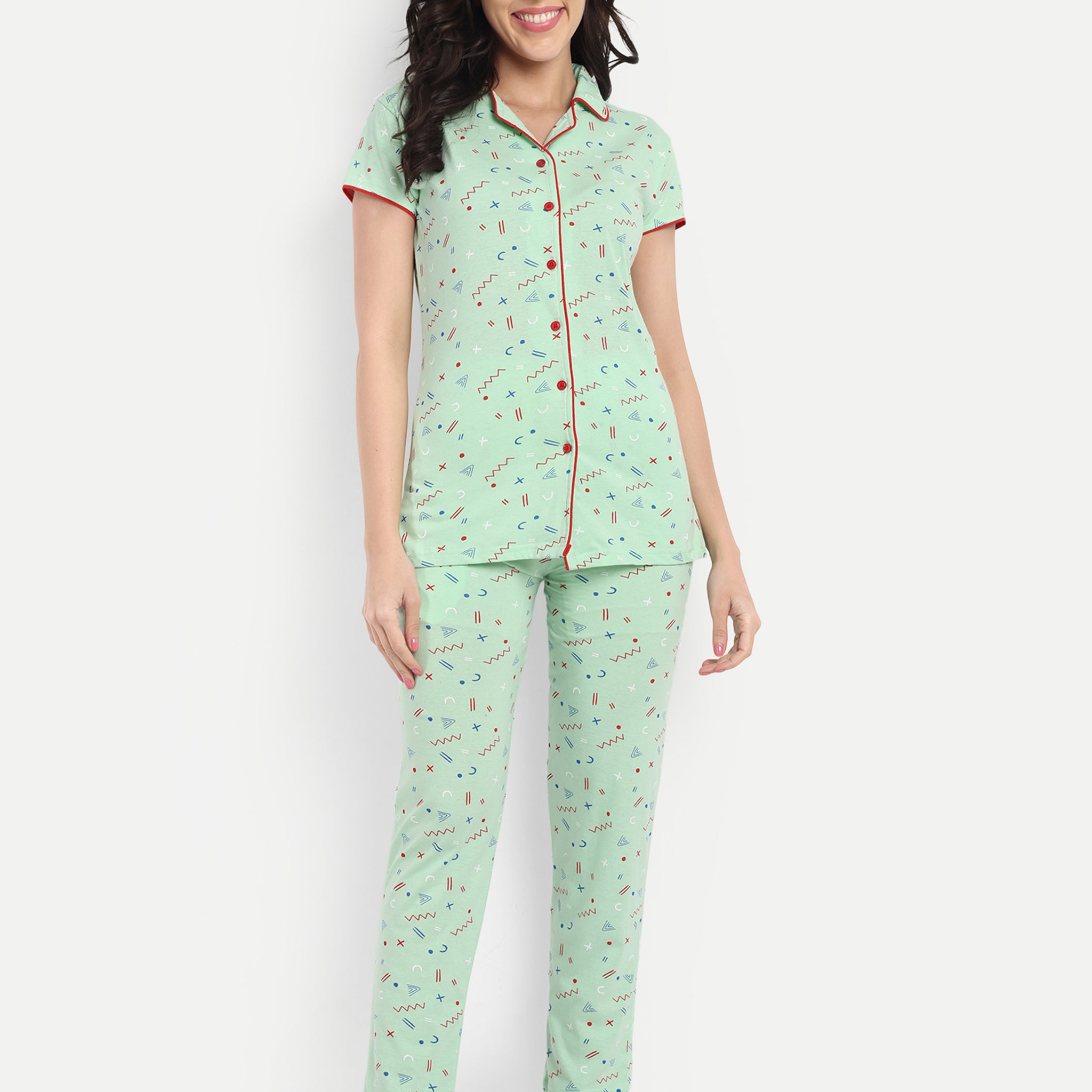 Women's Cotton Geometrical Printed Night Suit Set of Shirt & Pyjama (2242)