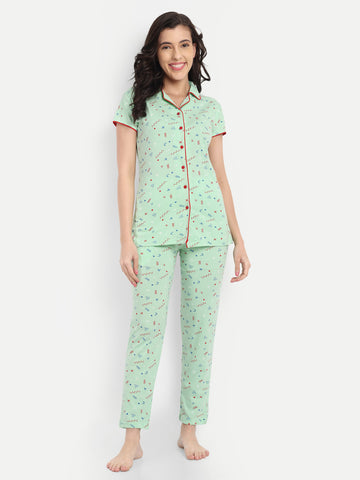 Women's Cotton Geometrical Printed Night Suit Set of Shirt & Pyjama (2242)