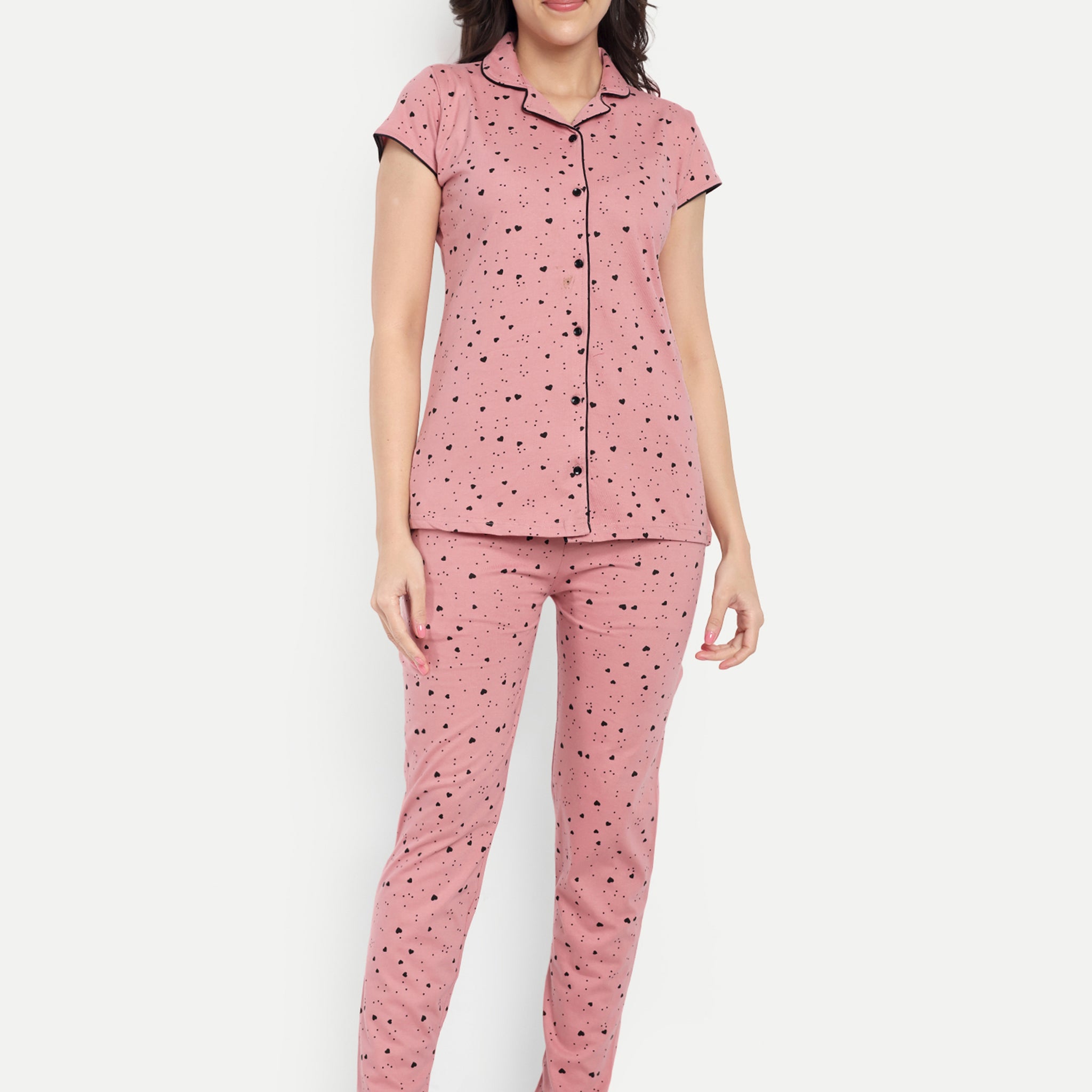 Women's Cotton Printed Night Suit Set of Shirt & Pyjama (841)