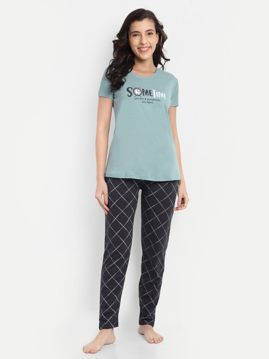 Women's Cotton Checked Night Suit Set of T-shirt & Pyjama (15057c)