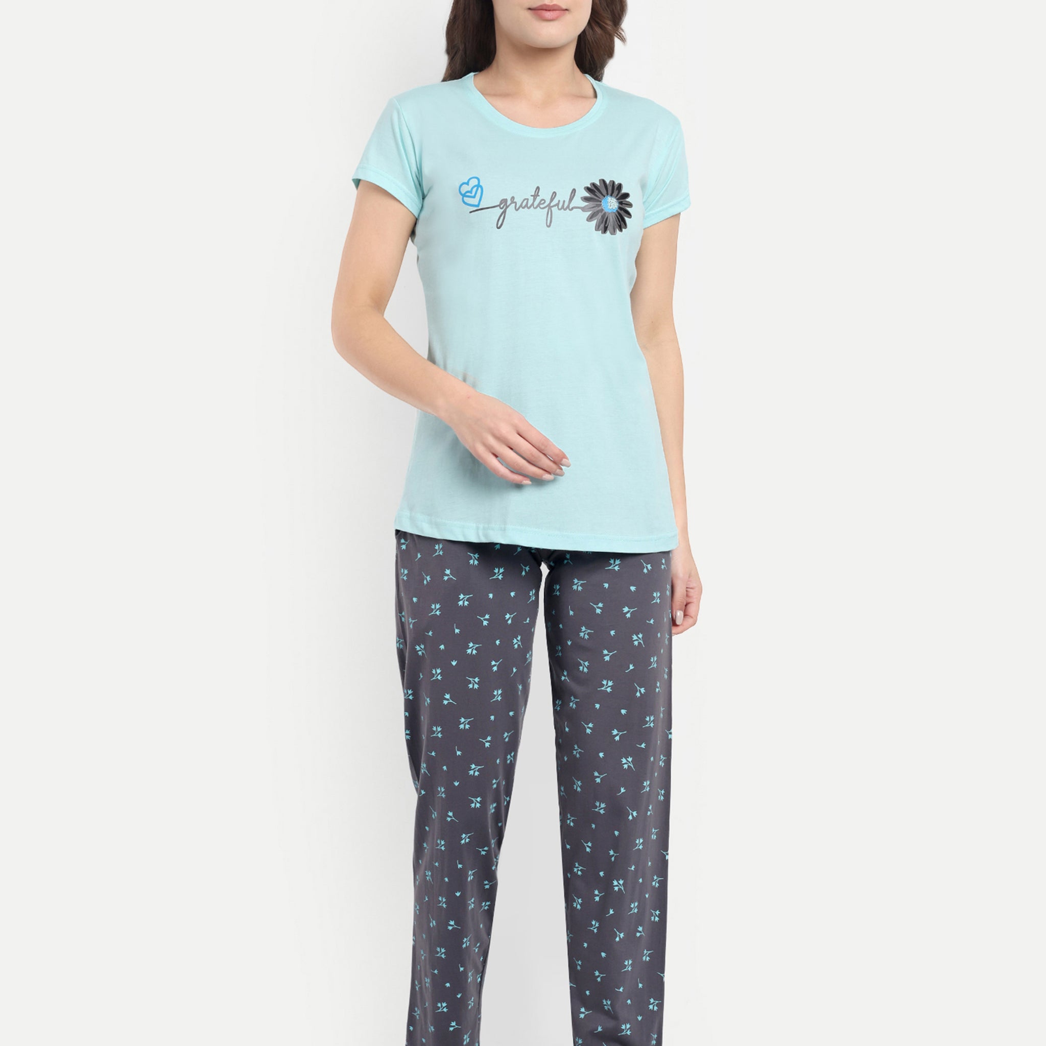 Women's Cotton Flower Printed Night Suit Set of T-shirt & Pyjama (15030a)