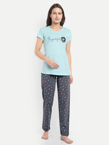 Women's Cotton Flower Printed Night Suit Set of T-shirt & Pyjama (15030a)
