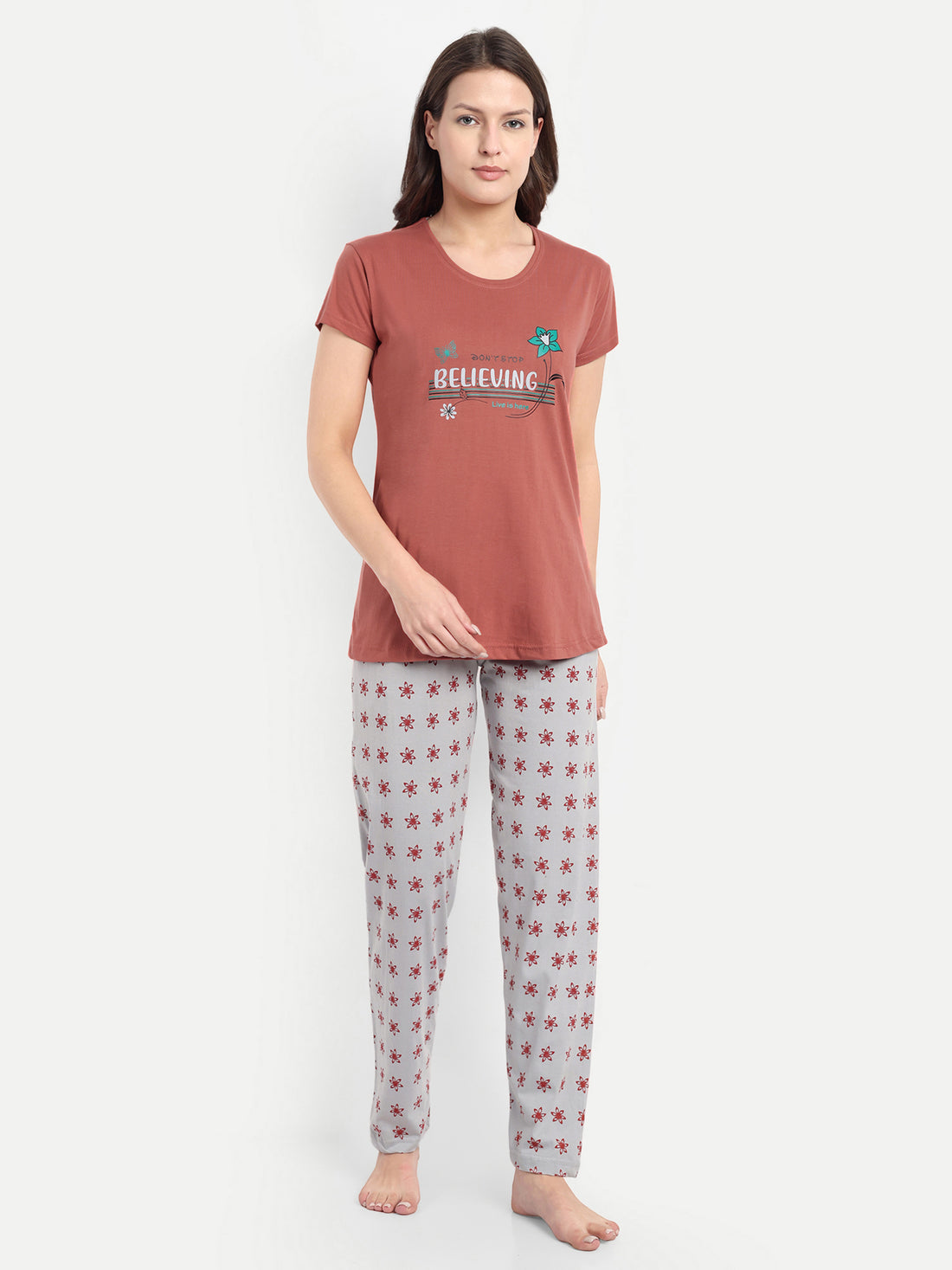 Women's Cotton Printed Night Suit Set of T-shirt & Pyjama (15033a)