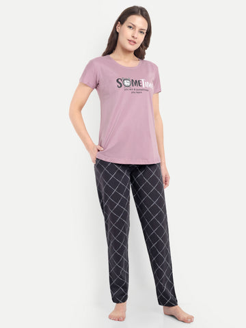 Women's Cotton Checked Night Suit Set of T-shirt & Pyjama (15057a)