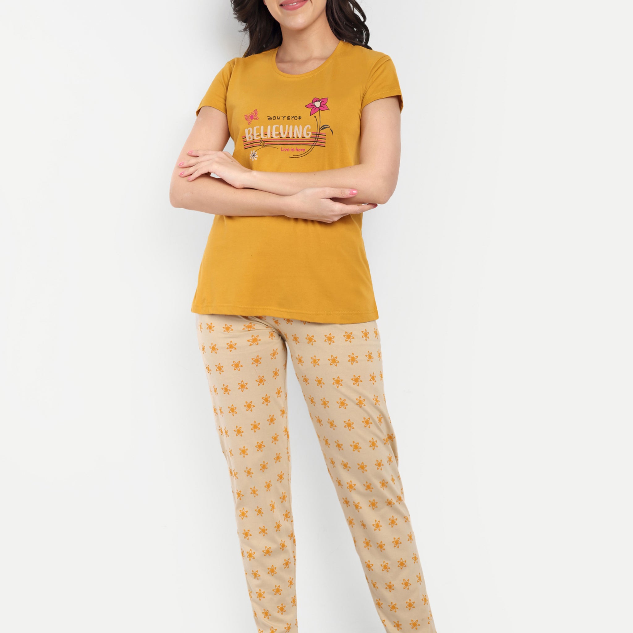 Women's Cotton Printed Night Suit Set of T-shirt & Pyjama (15033c)